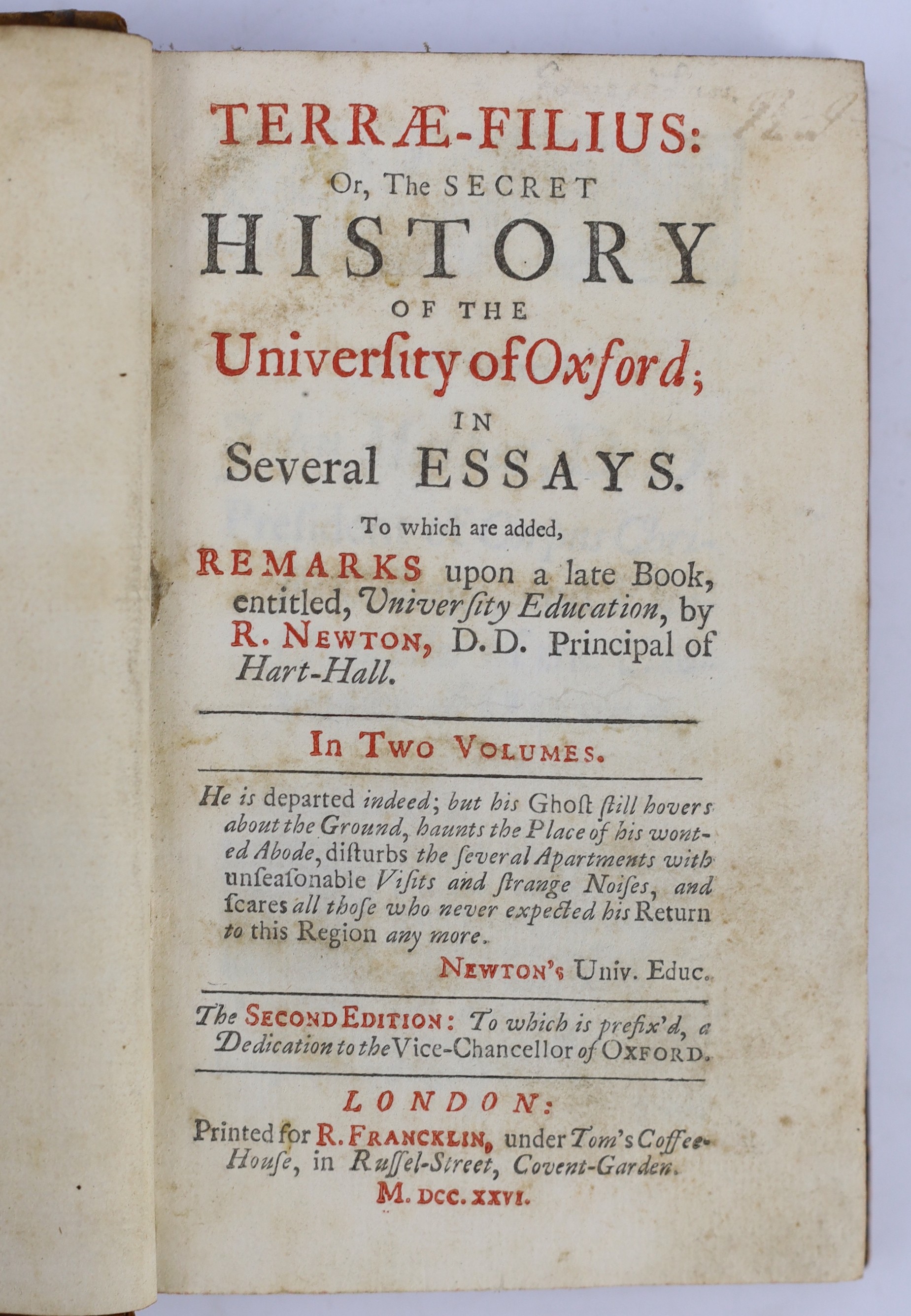 OXON: Pointer, John - Oxoniensis Academia: or, the Antiquities and Curiosities of the University of Oxford... rebound 20th cent. cloth, sm. 8vo. 1749; Terrae Filius: or, the Secret History of the University of Oxford; in